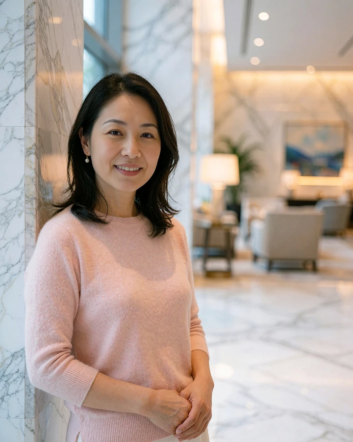 East Asian woman in a blush cashmere knit smiling in a luxury hotel lobby