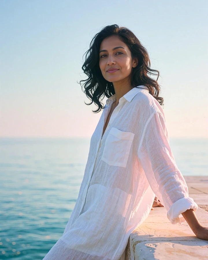 South Asian woman in a white linen dress on an elegant coastal terrace