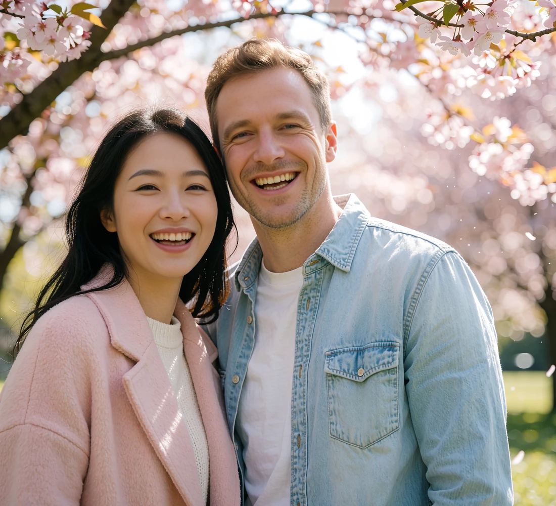 East Asian woman and Western man laughing together beneath spring blossoms during an international date