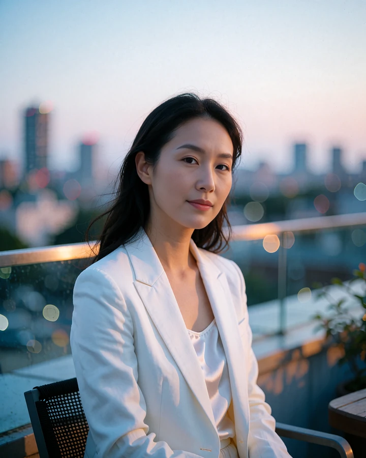 East Asian woman in an ivory blazer seated at an upscale rooftop lounge