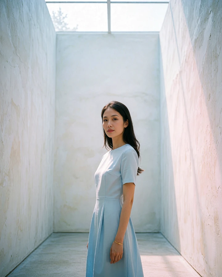 Southeast Asian woman in a pale blue dress standing in a modern gallery corridor